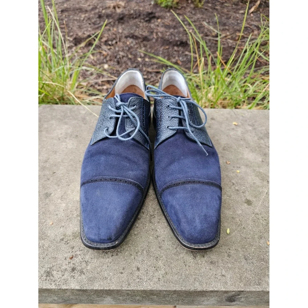 Mezlan Janus Oxford Mens 9 Navy Blue Suede Pebbled Leather Cap Toe Dress Shoes ~